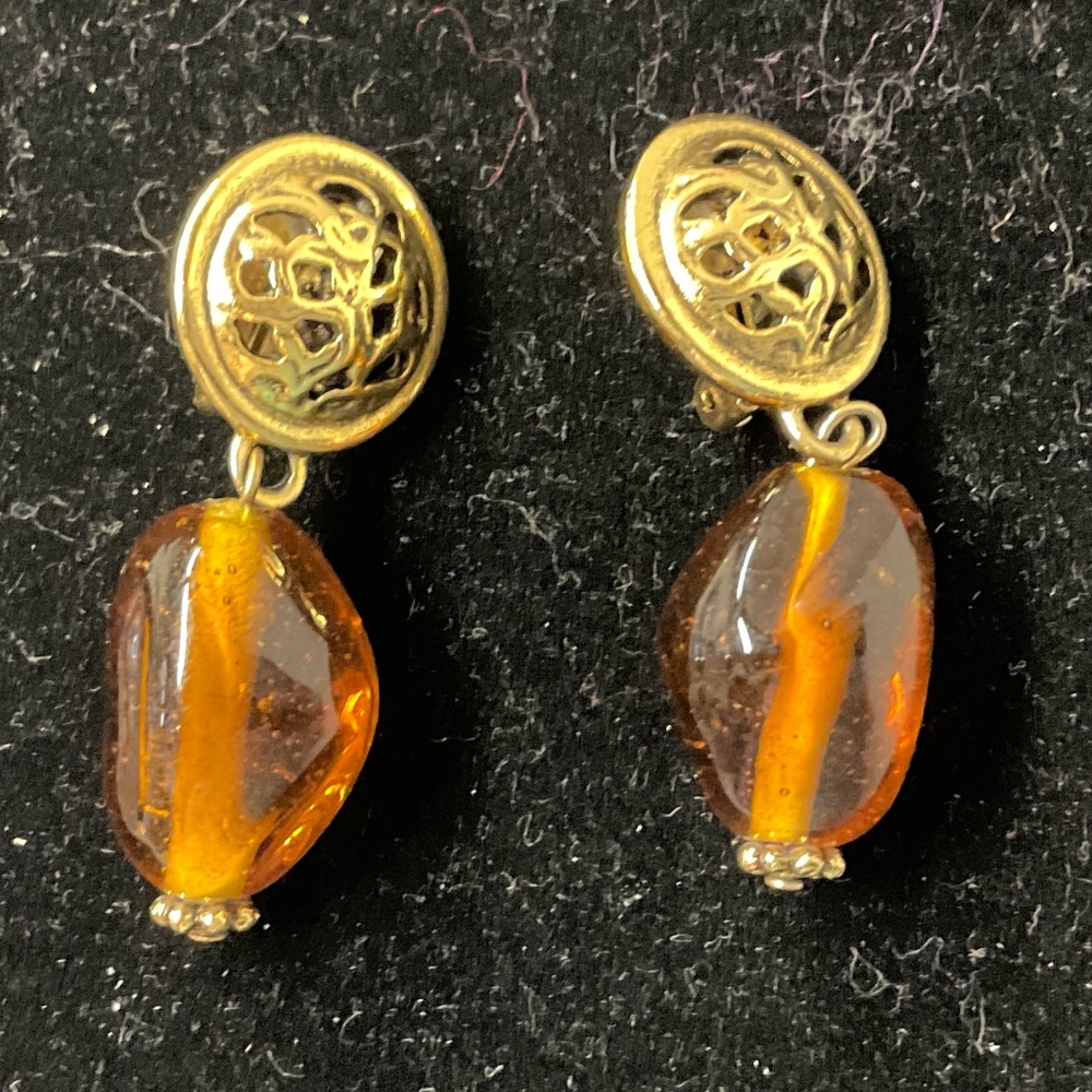 Amber Goldtone Dangle Clip Earrings